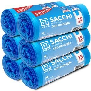 RMove Sacchi Rifiuti 50x75cm con maniglie 6 Rotoli da 15 Sacchi Blu 3 CNTBSRMO0037